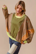 BiBi Color Block Striped Round Neck Sweatshirt - Hovatok