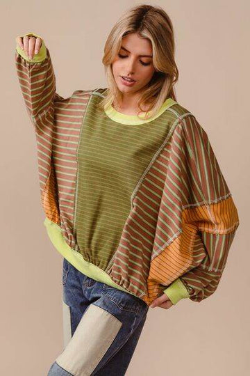 BiBi Color Block Striped Round Neck Sweatshirt - Hovatok