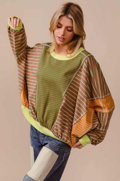 BiBi Color Block Striped Round Neck Sweatshirt - Hovatok