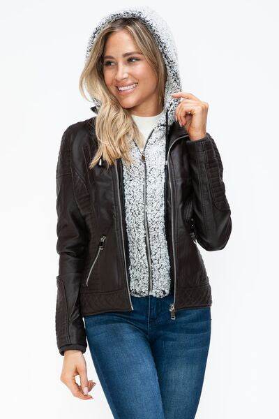 YMI Faux Layered Double-Zipper Jacket with Fuzzy Hood - Hovatok