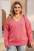 Plus Size V-Neck Dropped Shoulder Sweater - Hovatok