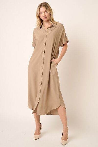 Mittoshop Collared Neck Dolman Short Sleeve Midi Shirt Dress - Hovatok