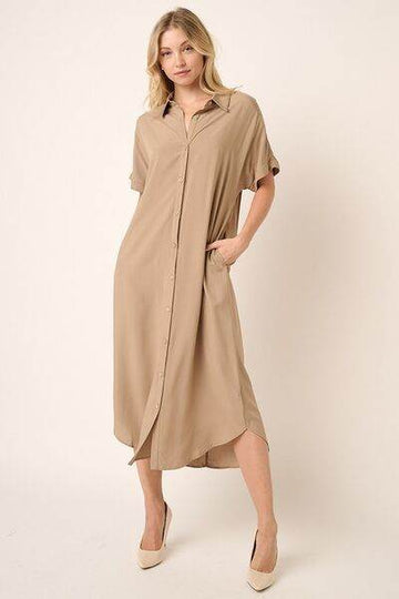 Mittoshop Collared Neck Dolman Short Sleeve Midi Shirt Dress - Hovatok