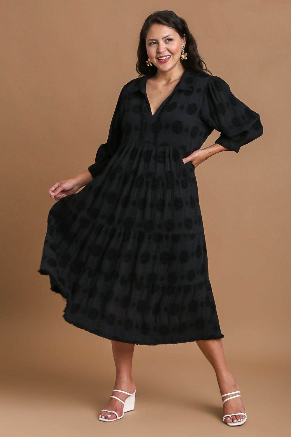 Umgee Full Size Solid Dotted Jacquard Midi Dress Plus Size - Hovatok