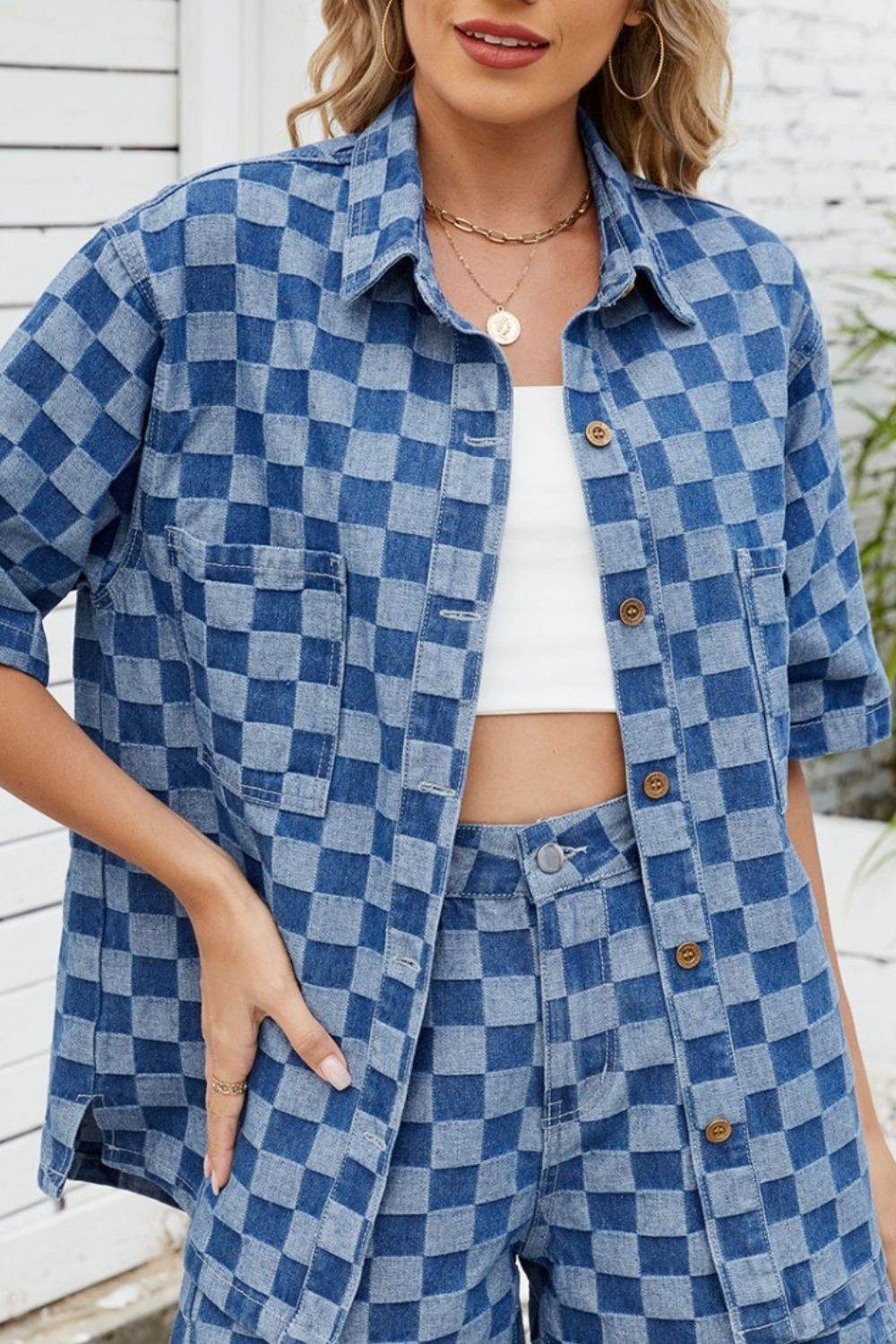 Button Down Checkered Denim Shirt - Hovatok