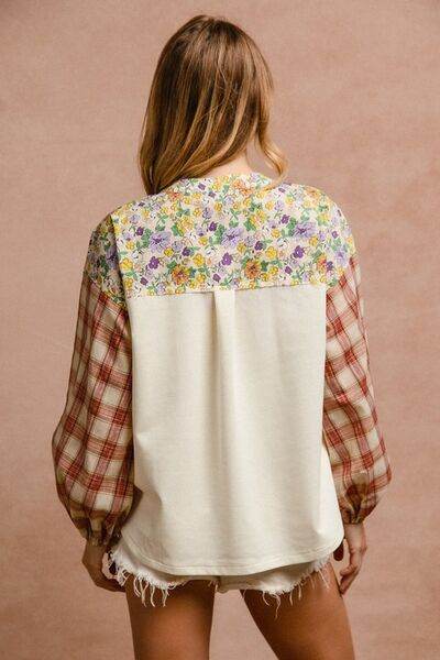 BiBi Floral Notched Plaid Balloon Sleeve Top - Hovatok