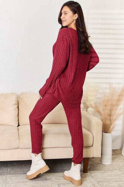 Basic Bae Full Size Notched Long Sleeve Top and Pants Set - Hovatok