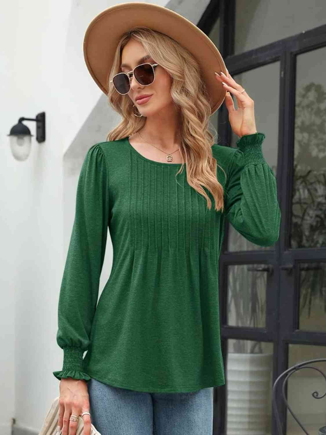 Smocked Round Neck Lantern Sleeve Blouse - Hovatok