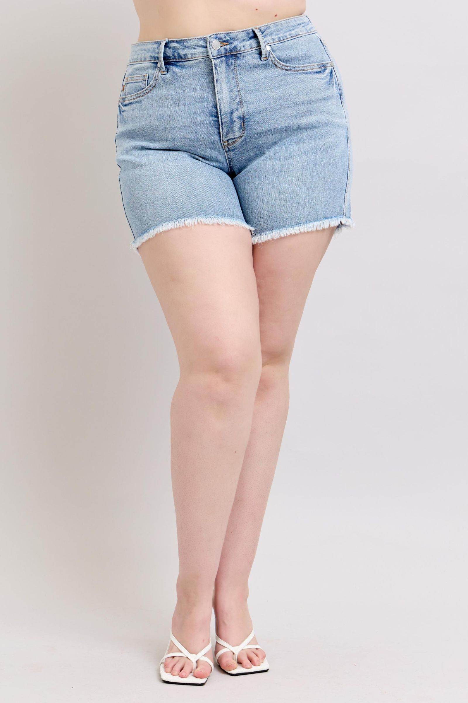 Judy Blue Full Size Tummy Control Raw Hem Denim Shorts Plus Size - Hovatok