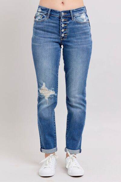 Judy Blue Full Size Button Fly Distressed Jeans with Pockets Plus Size - Hovatok