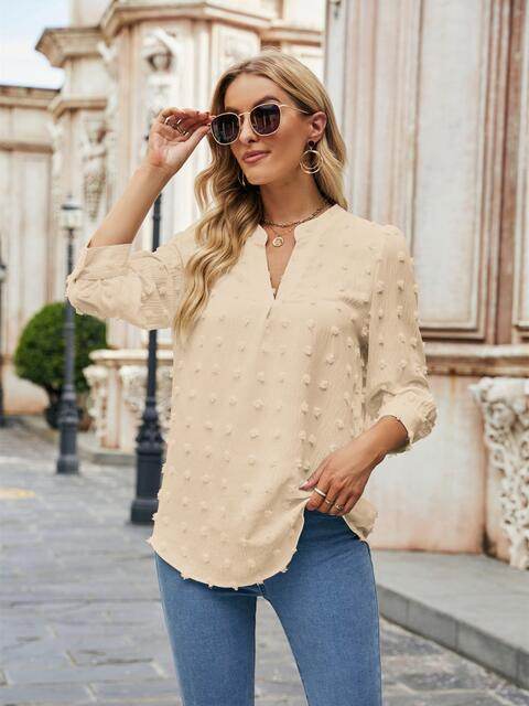 Swiss Dot Notched Neck Blouse - Hovatok