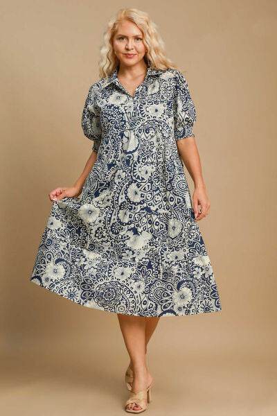Umgee Full Size Printed Smocked Cuff Puff Sleeve Midi Dress Plus Size - Hovatok