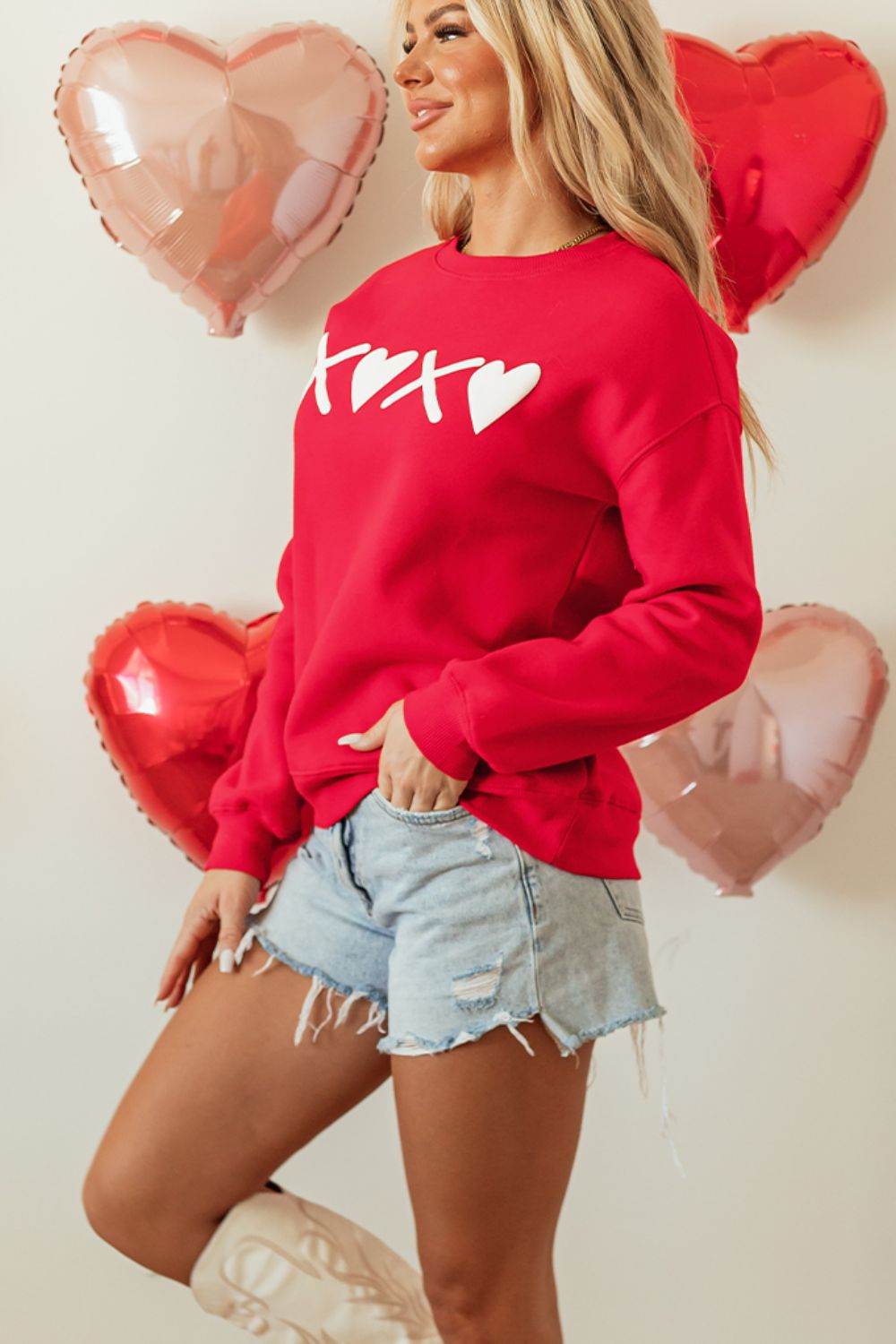 Valentine’s Day XOXO Round Neck Drop Shoulder Sweatshirt - Hovatok