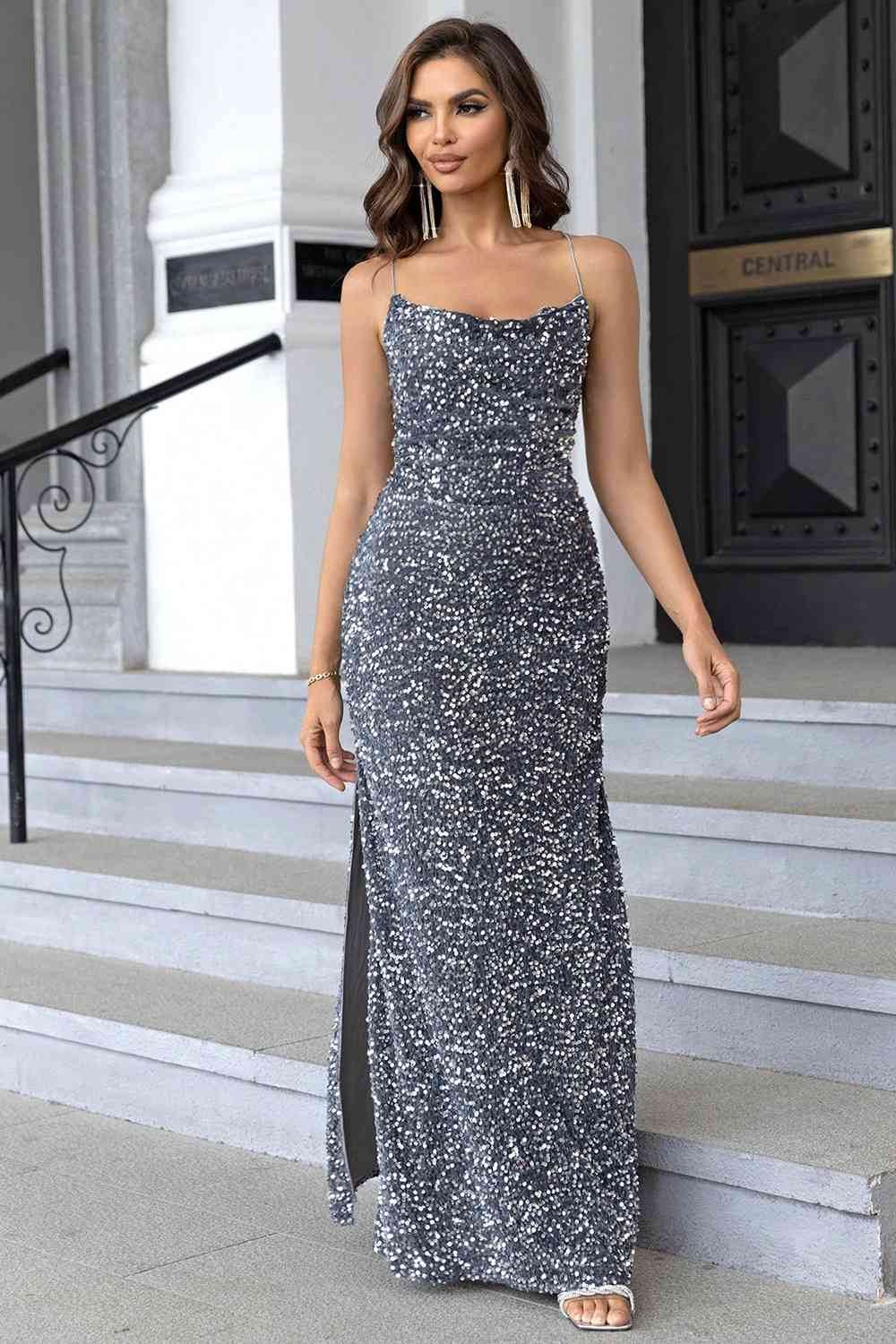 Sequin Backless Split Maxi Dress - Hovatok