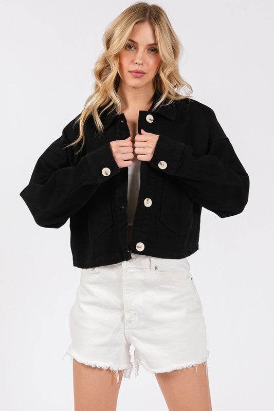 bytos Button Down Cropped Denim Jacket with Patch Pockets - Hovatok
