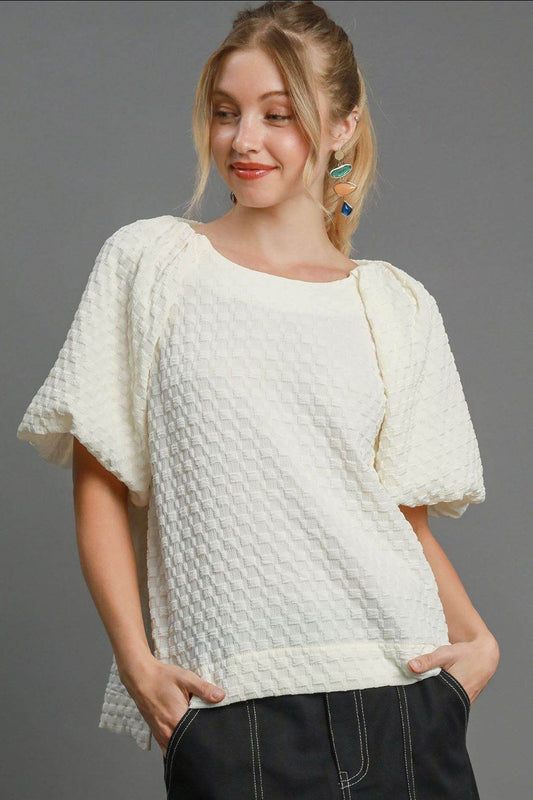 Umgee Full Size Boxy Cut Jacquard Round Neck Top with Side Slit Plus Size - Hovatok