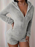 Furry Half Zip Long Sleeve Hooded Bodysuit - Hovatok