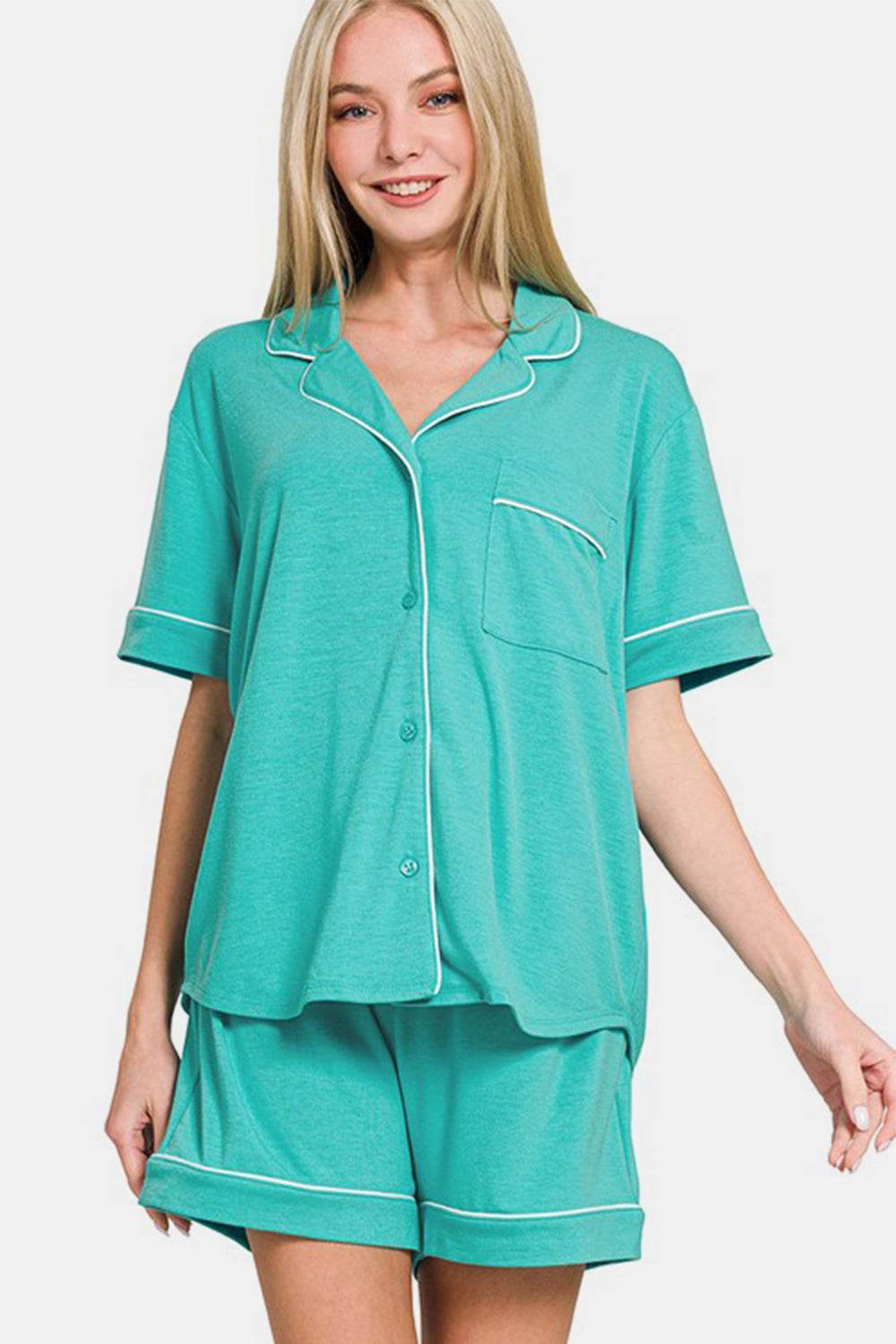 Zenana Button Down Short Sleeve Top and Shorts Lounge Set - Hovatok