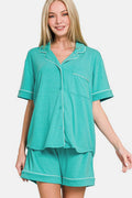Zenana Button Down Short Sleeve Top and Shorts Lounge Set - Hovatok