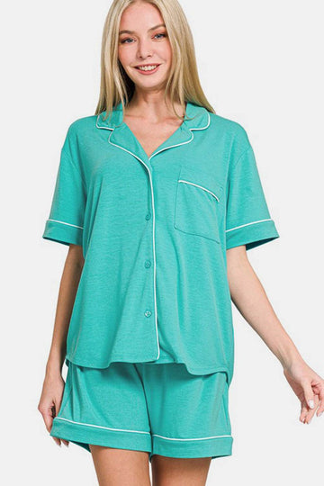 Zenana Button Down Short Sleeve Top and Shorts Lounge Set - Hovatok
