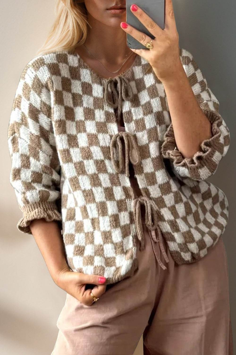 Double Take Tied Checkered Dropped Shoulder Flounce Sleeve Cardigan - Hovatok
