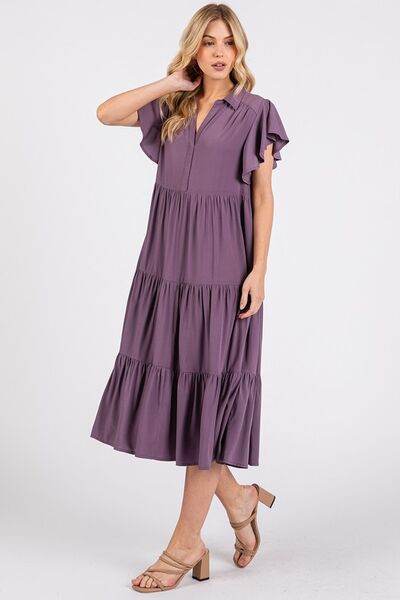 Mittoshop Ruffle Sleeve Collared V Neck Tiered Midi Dress - Hovatok