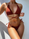 Textured Halter Neck Tie Side Bikini Set - Hovatok