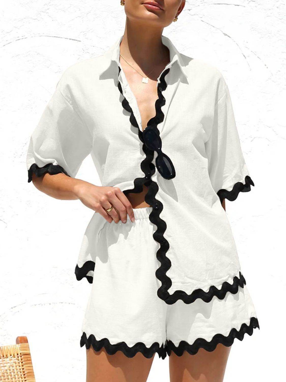 Contrast Trim Half Sleeve Top and Shorts Set - Hovatok