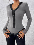 Perfee Contrast Trim Johnny Collar Long Sleeve Bodysuit - Hovatok
