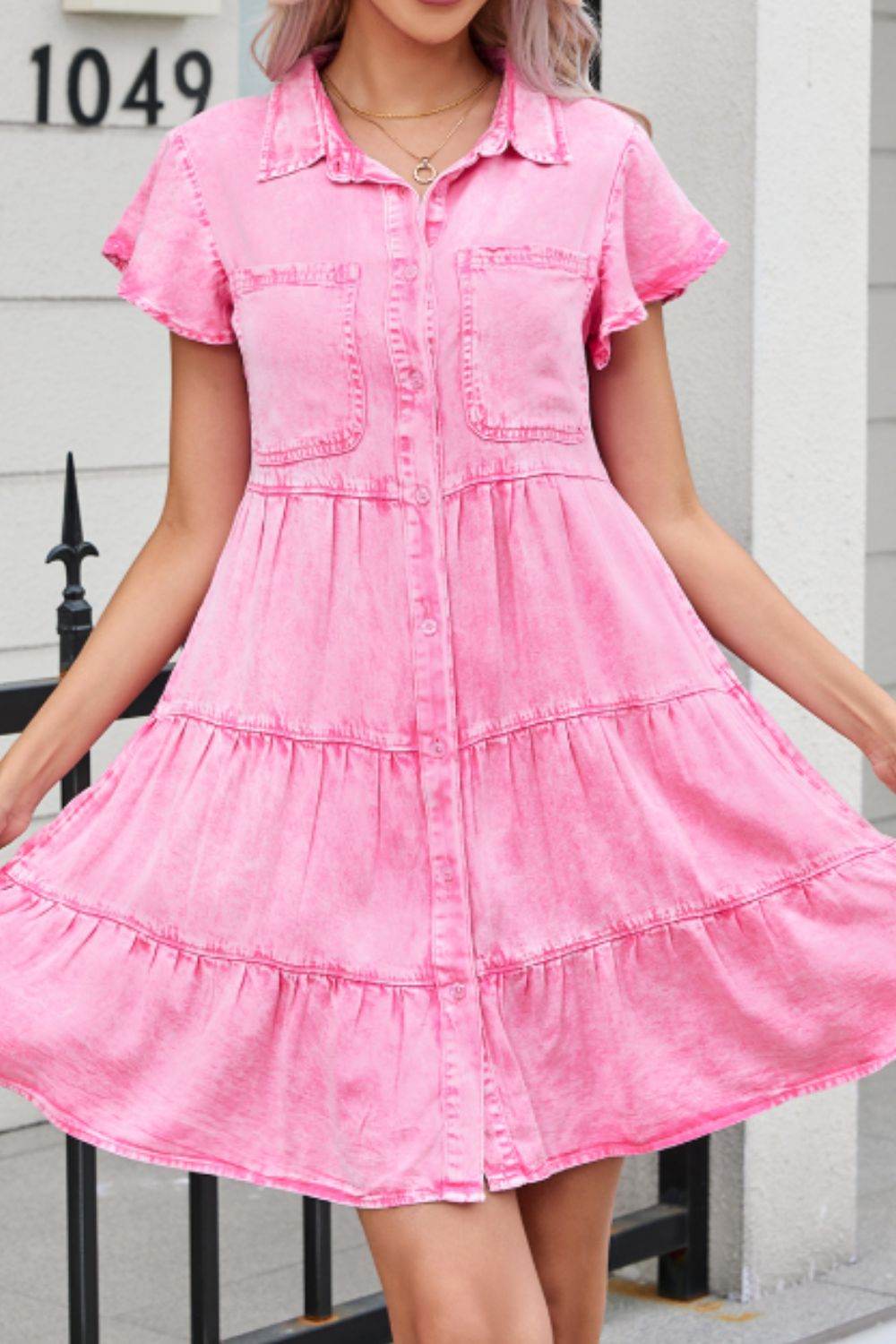 Collared Neck Button Down Mini Denim Dress - Hovatok