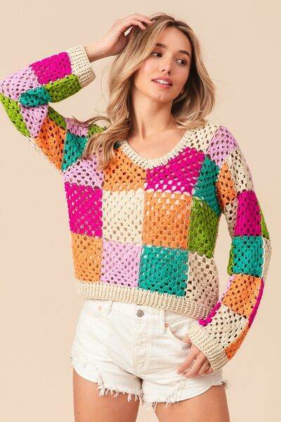 BiBi Multi Color Checkered Long Sleeve Knit Top - Hovatok
