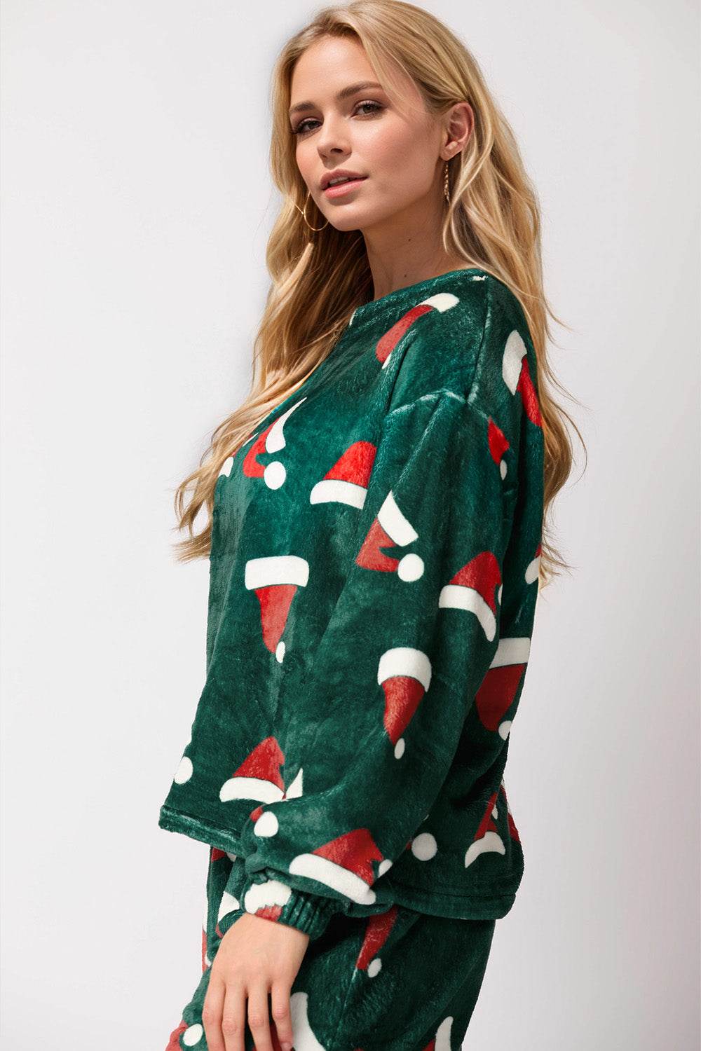 Christmas Hat Pattern Round Neck Long Sleeve Top and Pants Set - Hovatok
