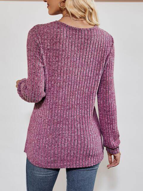 V-Neck Ribbed Long Sleeve Top - Hovatok