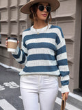 Perfee Striped Round Neck Dropped Shoulder Sweater - Hovatok