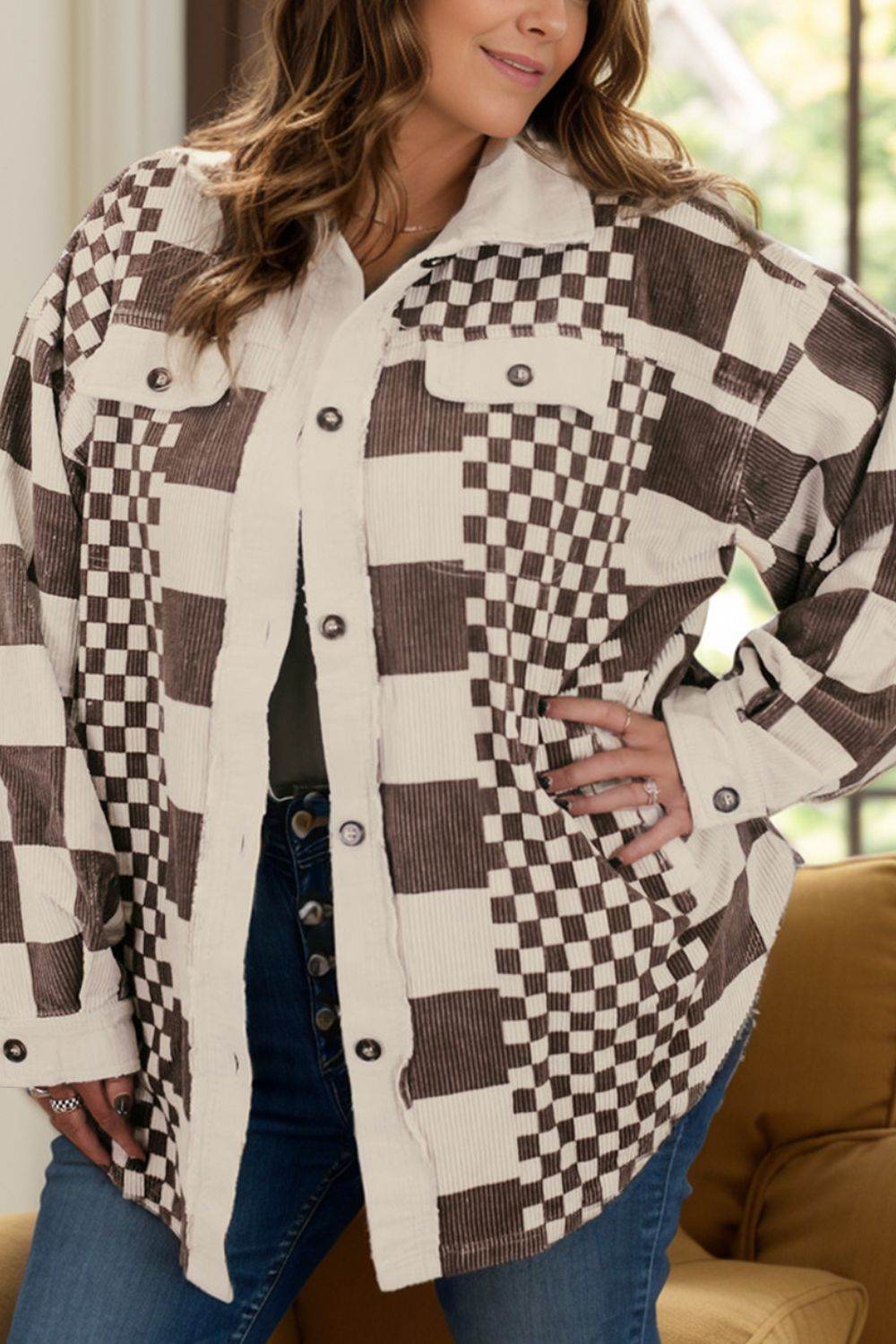 Plus Size Checkered Button Up Long Sleeve Jacket - Hovatok
