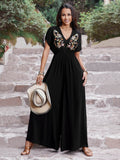 Embroidered Ruched Short Sleeve Jumpsuit - Hovatok