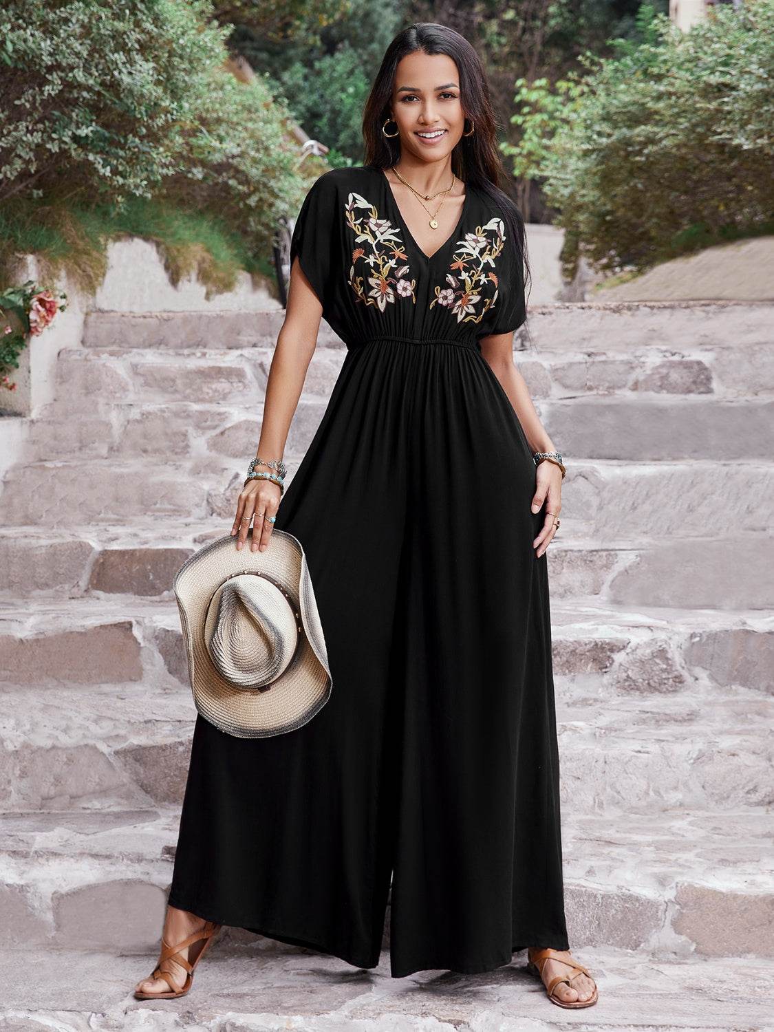 Embroidered Ruched Short Sleeve Jumpsuit - Hovatok