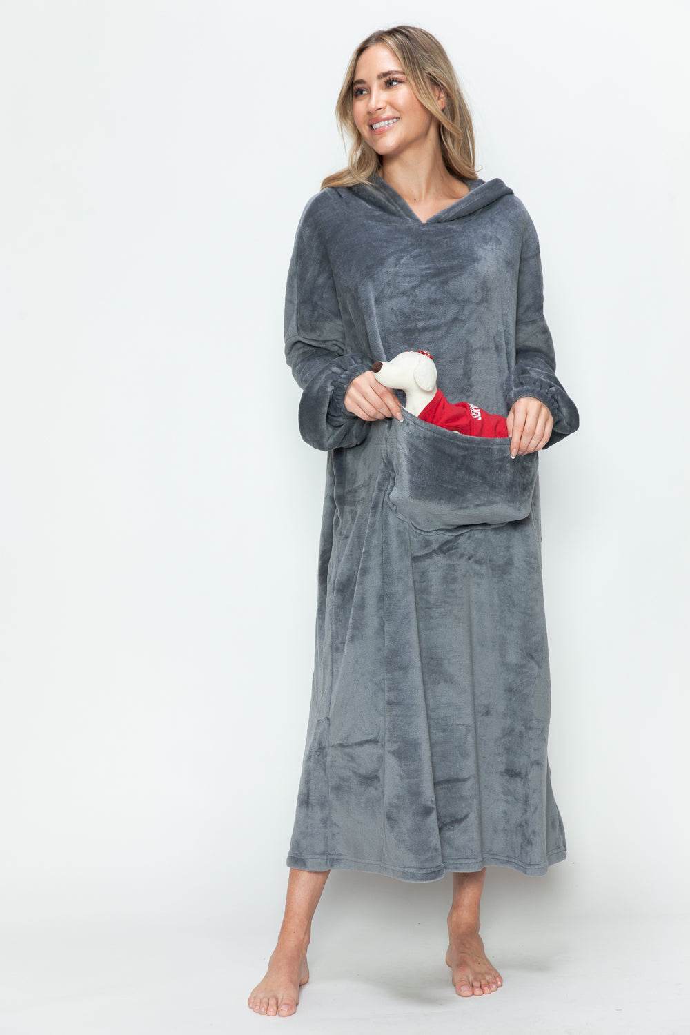 Double Take Full Size Pocketed Hooded Midi Lounge Dress - Hovatok