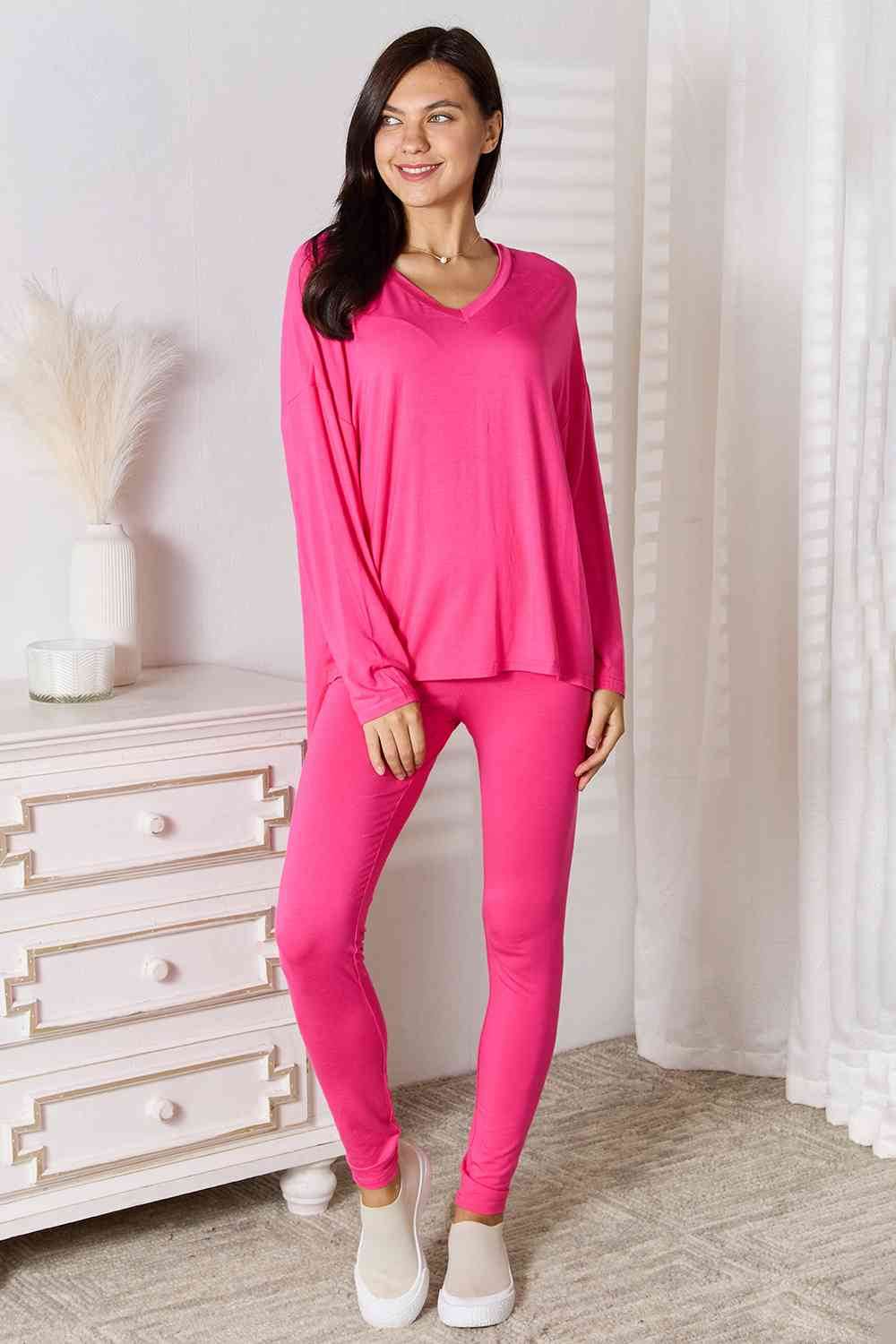 Basic Bae Full Size V-Neck Soft Rayon Long Sleeve Top and Pants Lounge Set - Hovatok