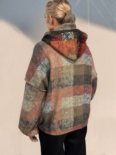 Double Take Full Size Half Zip Exposed Seam Fleece Hoodie - Hovatok