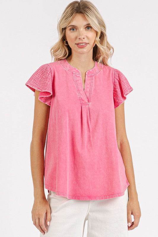 Mittoshop Mix Media Ruffle Short Sleeve Mineral Wash Top - Hovatok