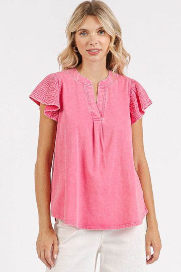 Mittoshop Mix Media Ruffle Short Sleeve Mineral Wash Top - Hovatok