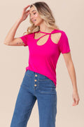 BiBi Cutout Asymmetrical Neck Short Sleeve T-Shirt - Hovatok