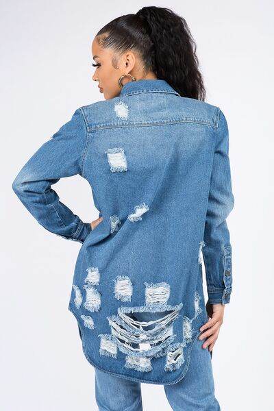 American Bazi Distressed Button Down Denim Shirt Jacket - Hovatok