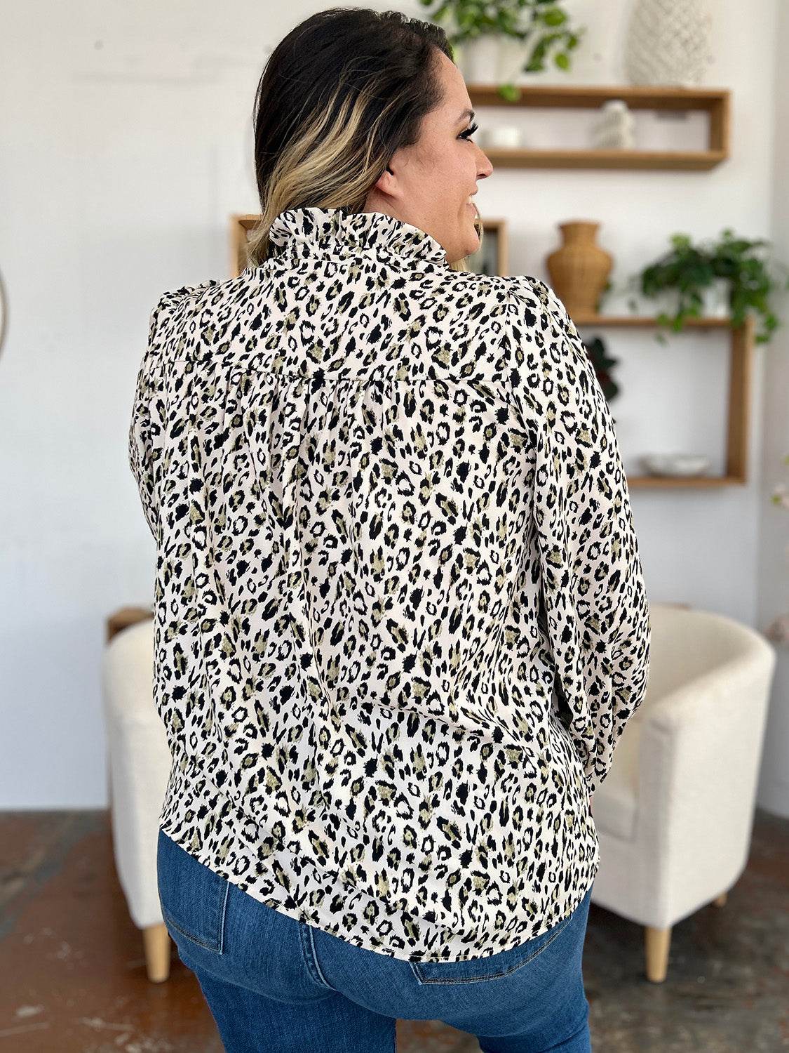 Double Take Full Size Leopard Long Sleeve Blouse - Hovatok