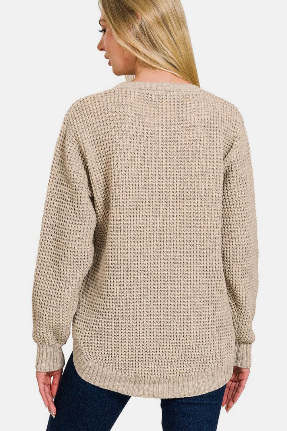 Zenana High Low Long Sleeve Waffle Sweater - Hovatok