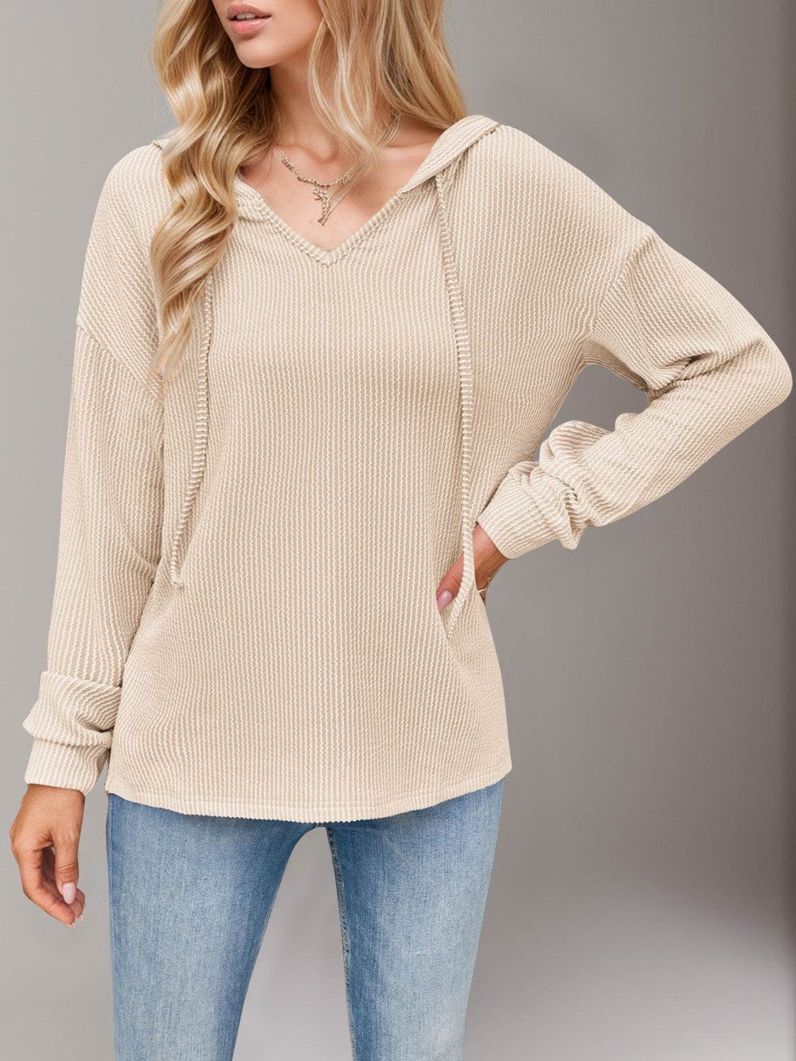 Double Take Drawstring Dropped Shoulder Long Sleeve Hoodie - Hovatok