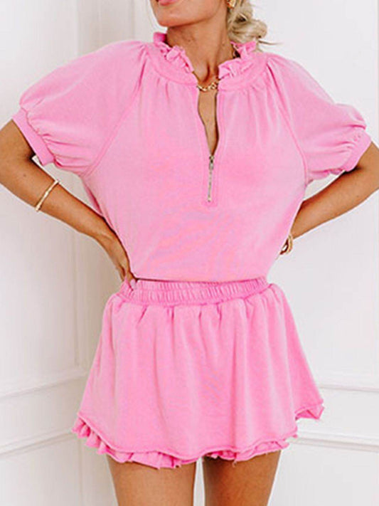 Half Zip Puff Sleeve Top and Ruffled Shorts Set - Hovatok
