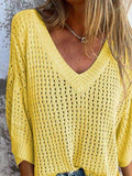 Full Size Openwork V-Neck Knit Cover Up Plus Size - Hovatok