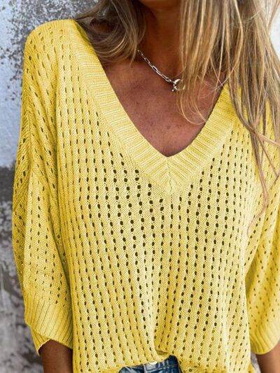 Full Size Openwork V-Neck Knit Cover Up Plus Size - Hovatok